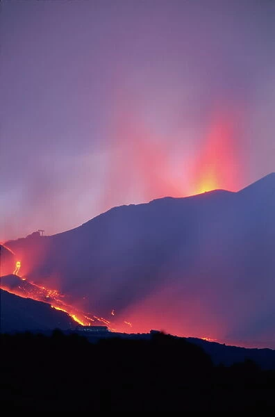 Lava flows during eruption of Mount Etna, Sicily, Italy, Europe