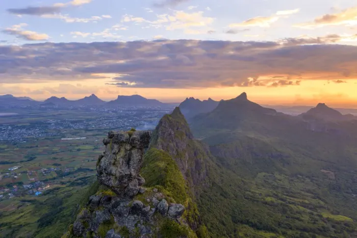 Framed Print : Le Pouce mountain during the African sunset, aerial view, Moka Range, Port Louis Framed Print : Le Pouce mountain during the African sunset, aerial view, Moka Range, Port Louis