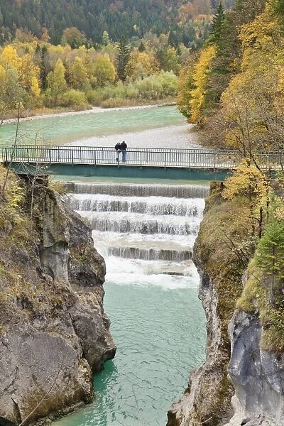 Lech River Waterfall in autumn, Fussen, Ostallgau, Allgau, Allgau Alps, Bavaria, Germany, Europe
