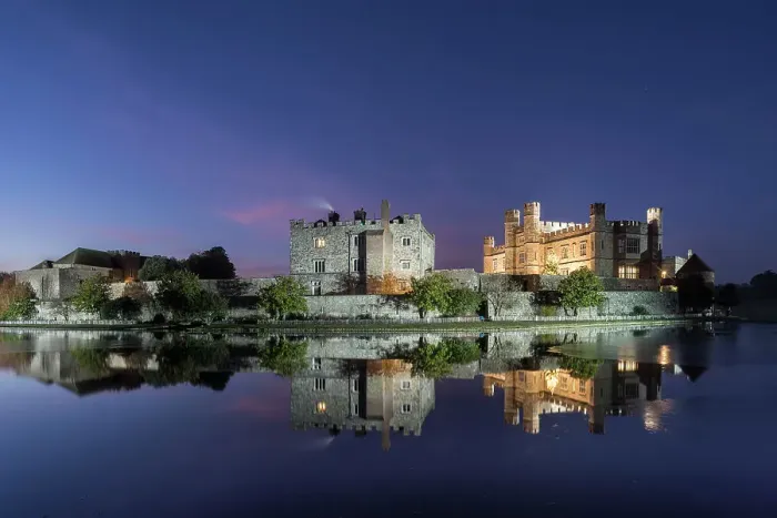 Framed Print : Leeds Castle at night, illuminated, reflected in moat, near Maidstone, Kent, England, United Kingdom, Europe Framed Print : Leeds Castle at night, illuminated, reflected in moat, near Maidstone, Kent, England, United Kingdom, Europe