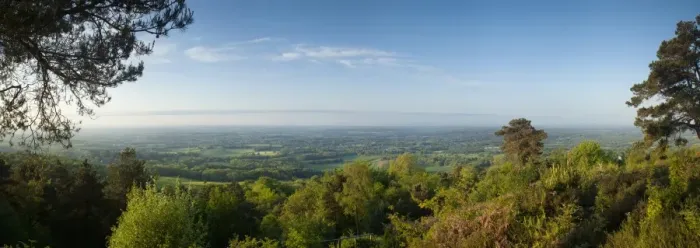 Framed Print : Leith Hill, highest point in south east England, view south towards The South Down on a summer morning, Surrey Hills, Greensand Way, Surrey, England, United Framed Print : Leith Hill, highest point in south east England, view south towards The South Down on a summer morning, Surrey Hills, Greensand Way, Surrey, England, United