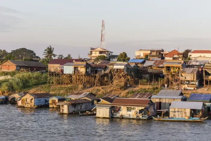 Framed Print : Life along the Mekong River approaching the capital city of Phnom Penh, Cambodia, Indochina, Southeast Asia, Asia
