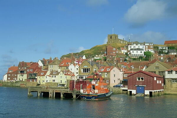Lifeboat, harbour and church, Whitby, North Yorkshire, England, United Kingdom, Europe
