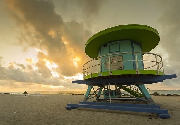 Lifeguard station on South Beach at sunrise, Miami Beach, Miami, Florida, United States of America