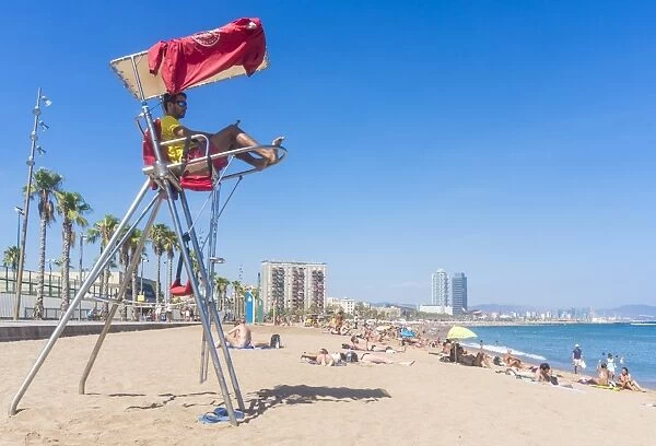 Lifeguard stationed at Barcelona beach of Barceloneta, Barcelona, Catalonia (Catalunya)