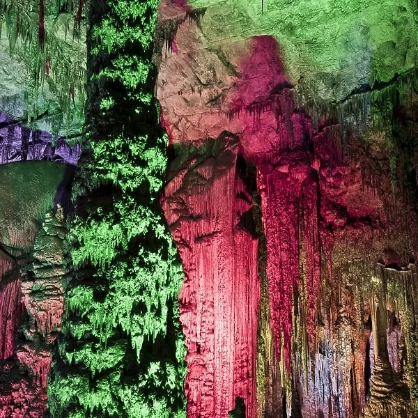 Light show, inside the Caves d Arta, Llevant, Mallorca, Balearic Islands, Spain, Europe