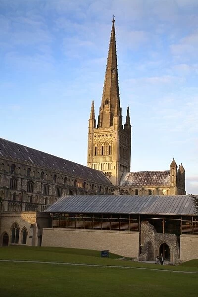 Last light on the spire at Norwich Cathedral, Norwich, Norfolk, England, United Kingdom, Europe