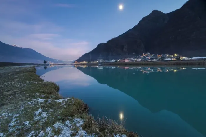 Framed Print : Last light of sunset on Adda River and the village of Sirta Forcola, province of Sondrio Framed Print : Last light of sunset on Adda River and the village of Sirta Forcola, province of Sondrio