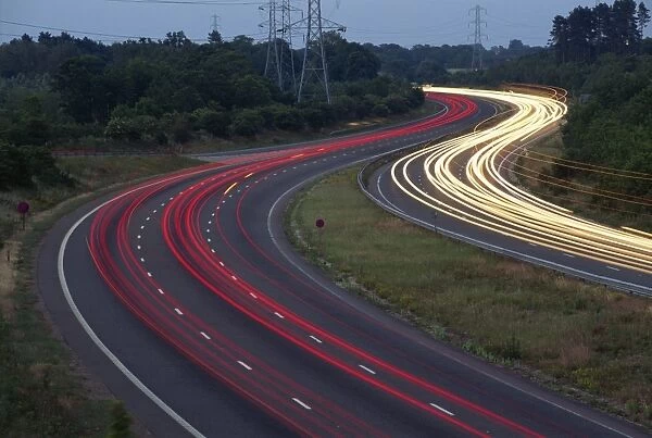 Light trails on the Guildford by-pass at dusk in Surrey, England, United Kingdom, Europe