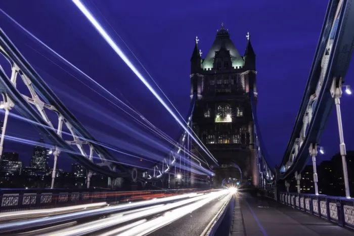 Framed Print : Light trails on London bridge in the evening, London, United Kingdom, Europe Framed Print : Light trails on London bridge in the evening, London, United Kingdom, Europe