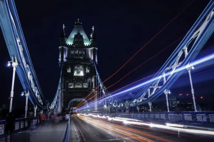 Framed Print : Light trails on London bridge in the evening, London, United Kingdom, Europe Framed Print : Light trails on London bridge in the evening, London, United Kingdom, Europe