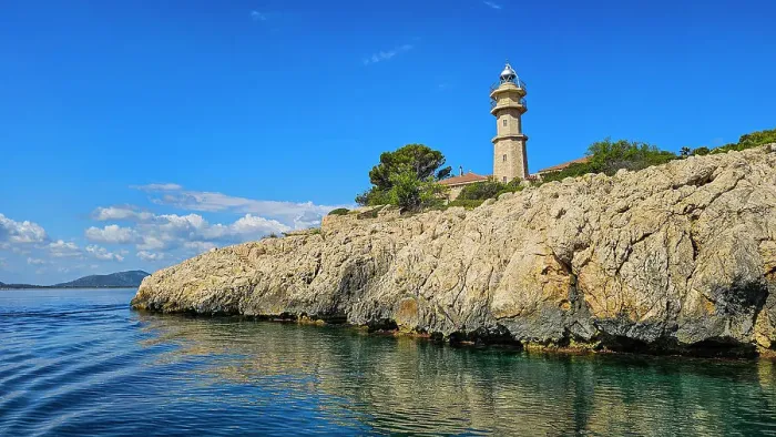 Framed Print : Lighthouse on the bay of Pollenca, Mallorca, Balearic islands, Spain, Mediterranean, Europe