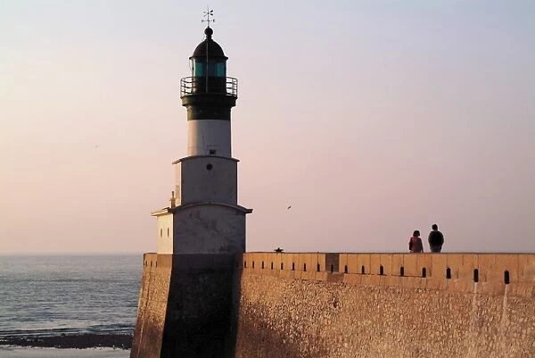 Lighthouse and harbour wall, Le Treport, Seine Maritime, Normandy, France, Europe
