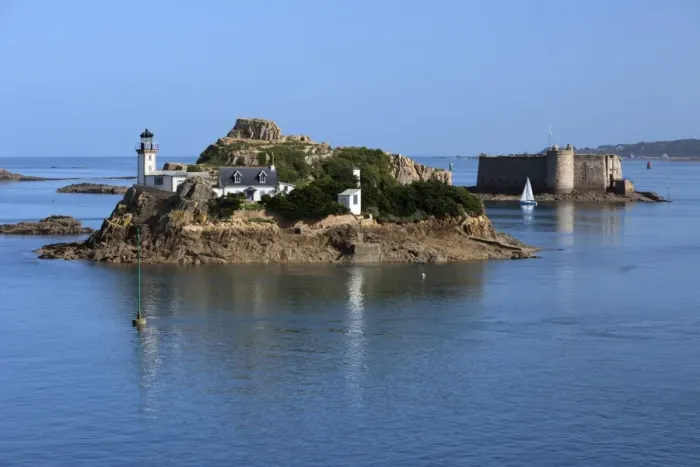 Framed Print : Lighthouse on Ile Louet and Chateau du Taureau in Morlaix Bay, Carantec, Finistere Framed Print : Lighthouse on Ile Louet and Chateau du Taureau in Morlaix Bay, Carantec, Finistere