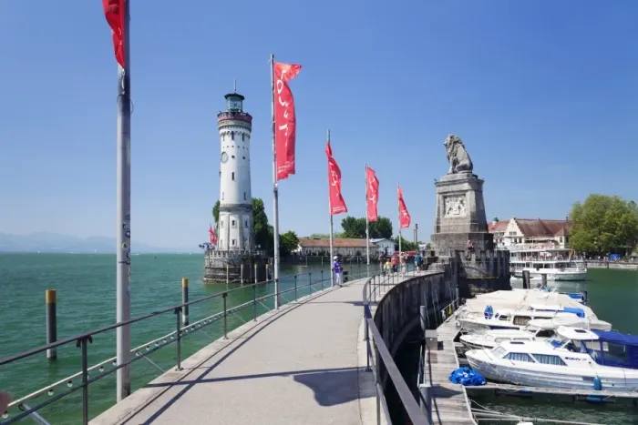 Framed Print : Lighthouse and the sculpture of the Bavarian Lion, Lindau, Lake Constance, Bavaria, Germany, Europe