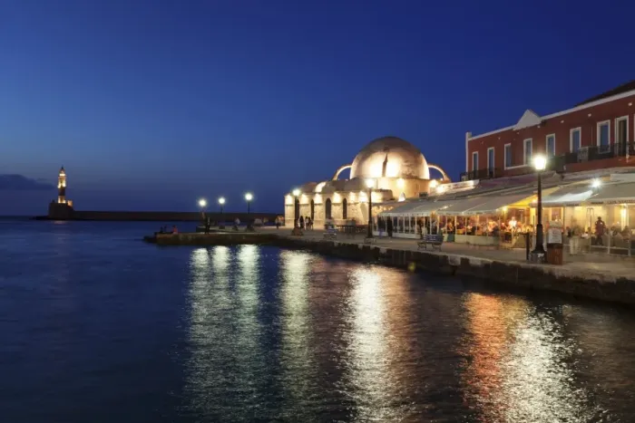 Framed Print : Lighthouse at Venetian port and Turkish Mosque Hassan Pascha at night, Chania, Crete, Greek Islands, Greece, Europe Framed Print : Lighthouse at Venetian port and Turkish Mosque Hassan Pascha at night, Chania, Crete, Greek Islands, Greece, Europe