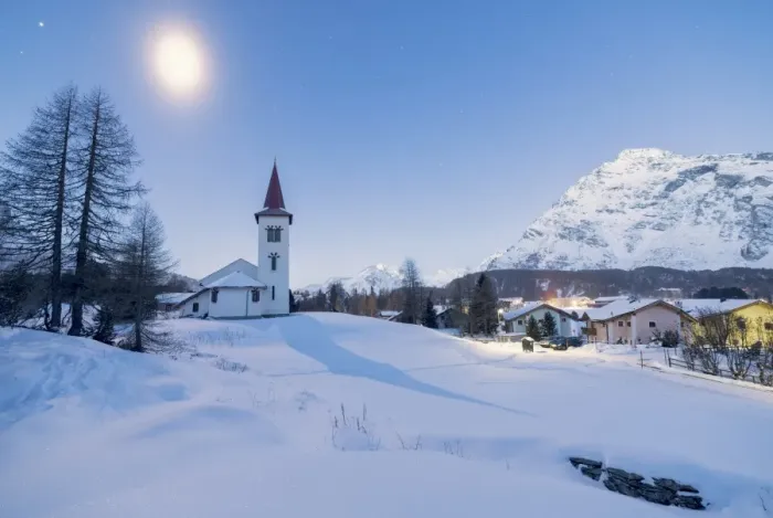 Framed Print : Lights of dusk on Chiesa Bianca and alpine village covered with snow, Maloja Pass Framed Print : Lights of dusk on Chiesa Bianca and alpine village covered with snow, Maloja Pass