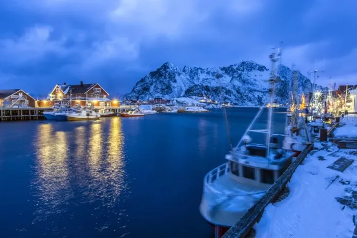 Framed Print : The lights of the harbor of Henningsvaer, the most important in the Lofoten, lit at the blue hour, Lofoten Islands, Arctic, Norway, Scandinavia, Europe Framed Print : The lights of the harbor of Henningsvaer, the most important in the Lofoten, lit at the blue hour, Lofoten Islands, Arctic, Norway, Scandinavia, Europe
