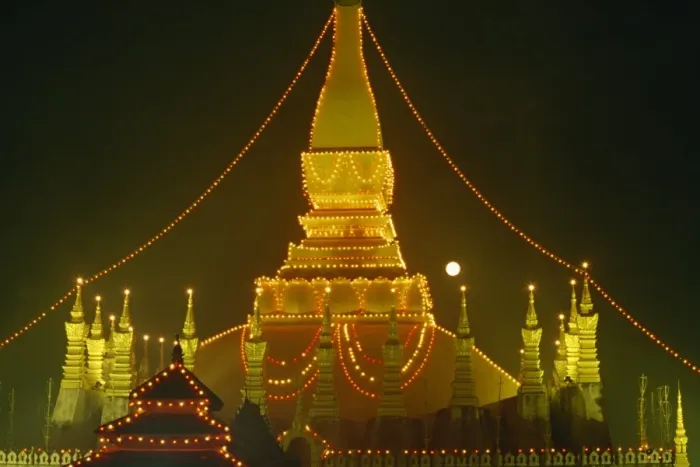 Framed Print : Lights illuminate the Great Stupa of Pha That Luang Framed Print : Lights illuminate the Great Stupa of Pha That Luang