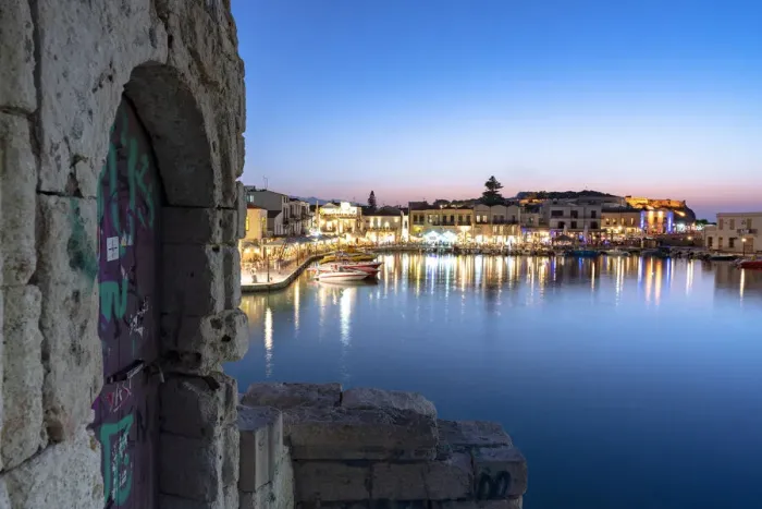 Framed Print : Lights of old Venetian port reflected in the sea at dusk, Rethymno, Crete island, Greek Islands, Greece, Europe Framed Print : Lights of old Venetian port reflected in the sea at dusk, Rethymno, Crete island, Greek Islands, Greece, Europe