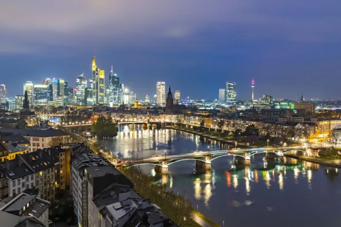Framed Print : Lights of the Skyline of Frankfurt business district reflected in River Main at dusk, Frankfurt am Main, Hesse, Germany Europe Framed Print : Lights of the Skyline of Frankfurt business district reflected in River Main at dusk, Frankfurt am Main, Hesse, Germany Europe