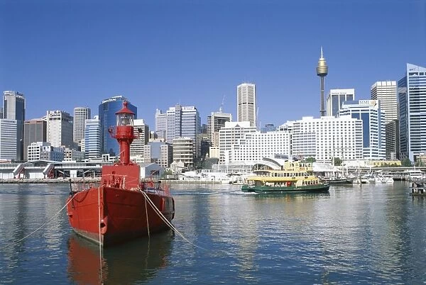 Lightship and city skyline, Darling Harbour, Sydney, New South Wales (NSW)