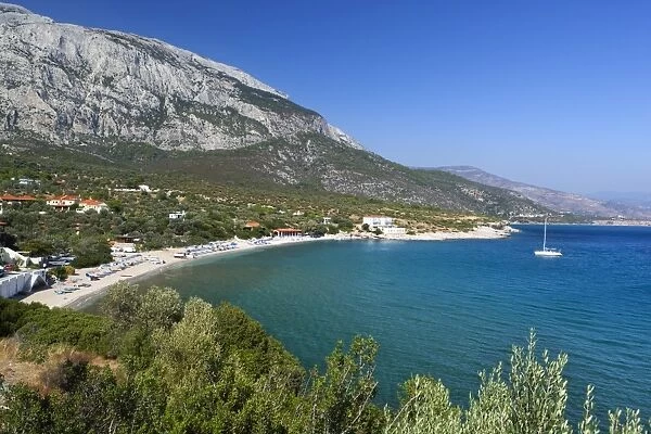 Limnionas beach and Mount Kerketeas, Samos, Aegean Islands, Greece, Europe