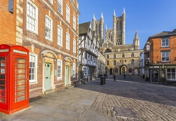 Lincoln Cathedral viewed from Exchequer Gate with red telephone visible, Lincoln