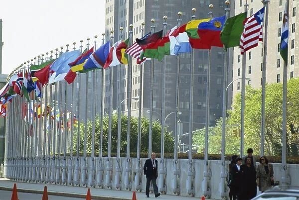 Line of flags outside the United Nations Building