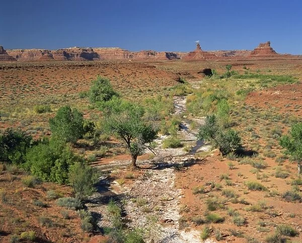 A line of green vegetation marks a dry river bed in