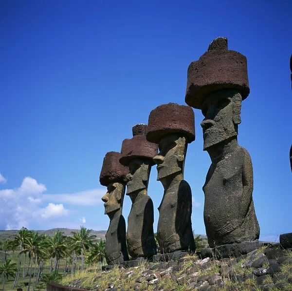 A line of moai statues, Ahu Nau Nau at Anakenu on Easter Island (Rapa Nui)