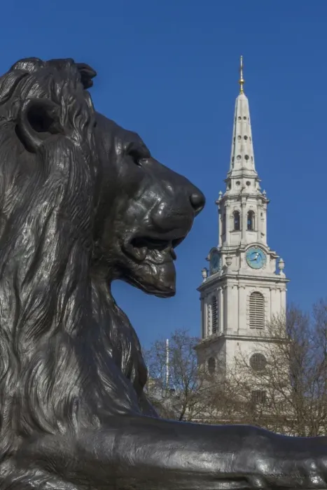 Framed Print : Lion at foot of Nelsons column and St. Martin-in-the-Fields church, Trafalgar Square, London, England, United Kingdom, Europe