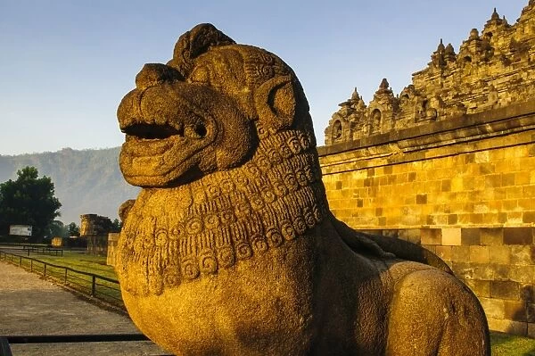 Lion head in the temple complex of Borobodur, UNESCO World Heritage Site, Java, Indonesia, Southeast Asia, Asia