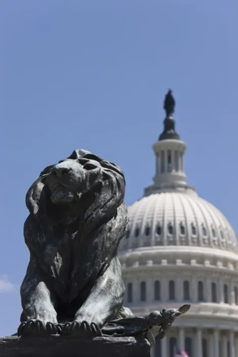 Framed Print : Lion Statue in front of the dome of the U. S. Capitol Building, Washington D