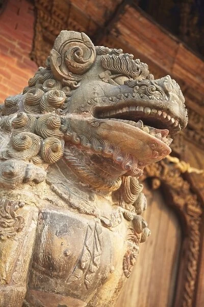 Lion statue, Durbar Square, Patan, UNESCO World Heritage Site, Kathmandu, Nepal, Asia