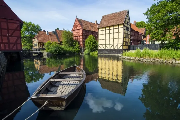 Framed Print : Little boat in a pond in the Old Town, Den Gamle By, open air museum in Aarhus, Denmark, Scandinavia, Europe Framed Print : Little boat in a pond in the Old Town, Den Gamle By, open air museum in Aarhus, Denmark, Scandinavia, Europe