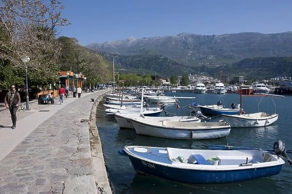 Little boats in the harbour of the old town of Budva, Montenegro, Europe