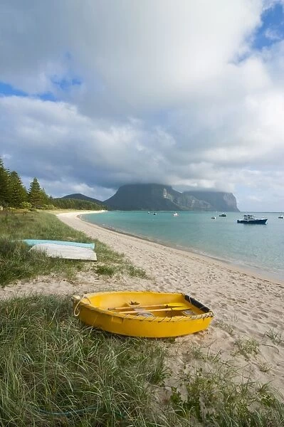 Little boats lying in the grass in front of Mount Lidgbird and Mount Gower in the background, Lord Howe Island, UNESCO World Heritage Site, Australia, Tasman Sea, Pacific