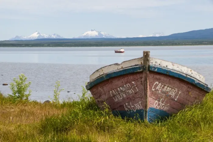 Framed Print : Little fishing boat in the bay of Puerto Natales, Patagonia, Chile, South America Framed Print : Little fishing boat in the bay of Puerto Natales, Patagonia, Chile, South America