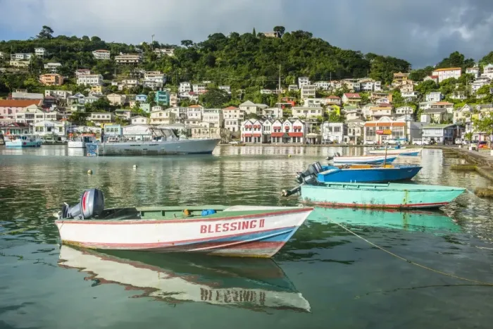 Framed Print : Little motoboat in the inner harbour of St. Georges, capital of Grenada, Windward Islands, West Indies, Caribbean, Central America Framed Print : Little motoboat in the inner harbour of St. Georges, capital of Grenada, Windward Islands, West Indies, Caribbean, Central America