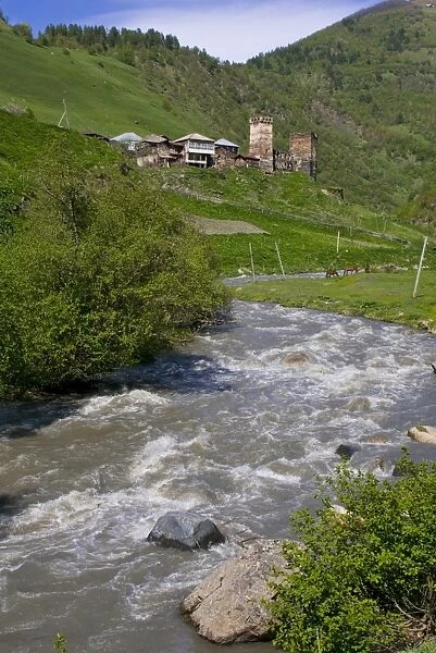 Little river running below a fortified mountain village, Svanetia, Georgia