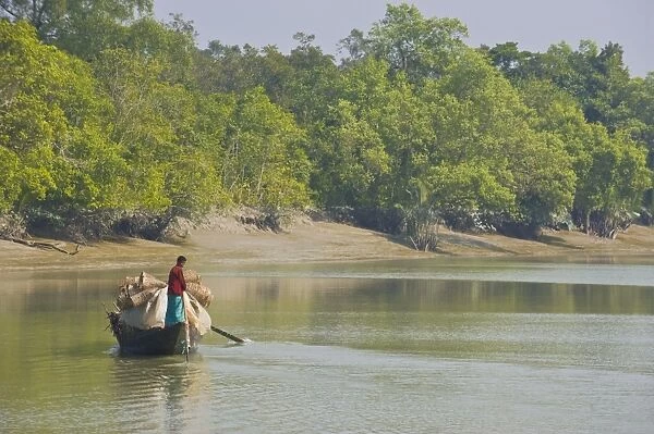 Little rowing boat in the swampy areas of the Sundarbans, UNESCO World Heritage Site