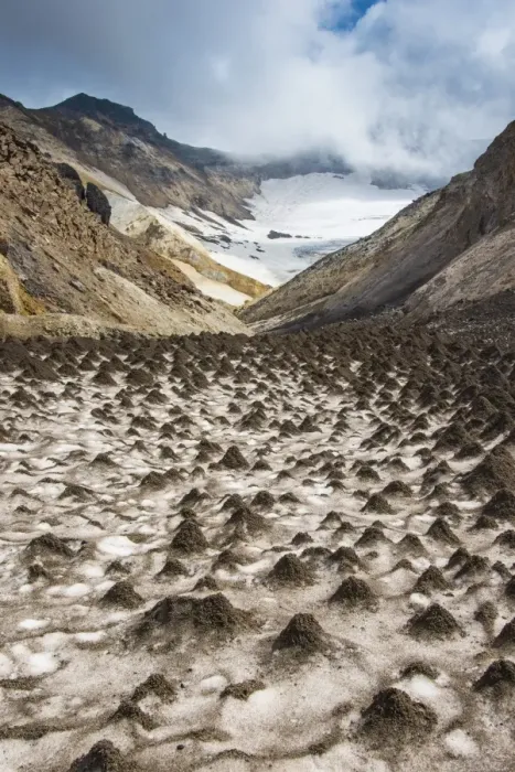 Framed Print : Little sand mounds on a glacier field on Mutnovsky volcano, Kamchatka, Russia, Eurasia Framed Print : Little sand mounds on a glacier field on Mutnovsky volcano, Kamchatka, Russia, Eurasia