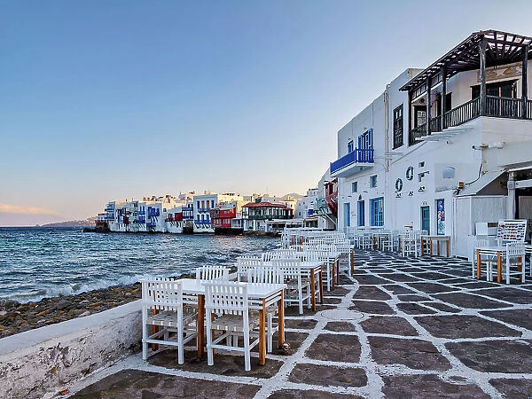 Little Venice at sunrise, Chora, Mykonos Town, Mykonos Island, Cyclades, Greek Islands, Greece, Europe