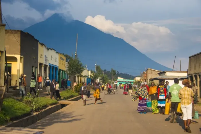 Framed Print : Little village before the towering volcanoes of the Virunga National Park, Rwanda, Africa Framed Print : Little village before the towering volcanoes of the Virunga National Park, Rwanda, Africa