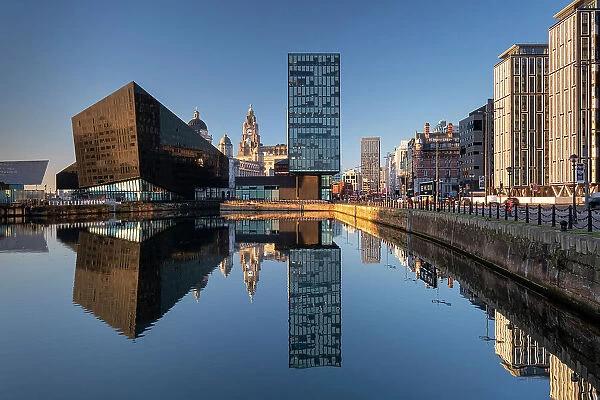 Liverpool Waterfront and the Liver Building reflected in Canning Dock, Liverpool, Merseyside, England, United Kingdom, Europe
