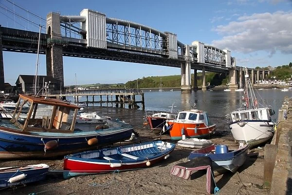 Local boats on the beach at Saltash on the Cornish side of Brunels famous bridge between Devon and Cornwall over the Tamar River, Cornwall, England, United Kingdom, Europe