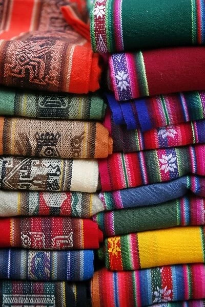 Local carpets made of llama and alpaca wool for sale at the market in Purmamarca, Quebrada de Humahuaca, Jujuy Province, Argentina, South America