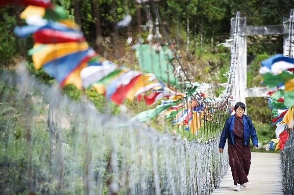 Local woman crossing a bridge covered in prayer flags, Bumthang, Chokor Valley