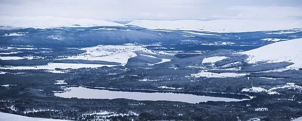 Loch Morlich covered in snow in winter, Aviemore, Cairngorms National Park, Scotland